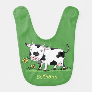 Cute cow in green field cartoon illustration baby bib