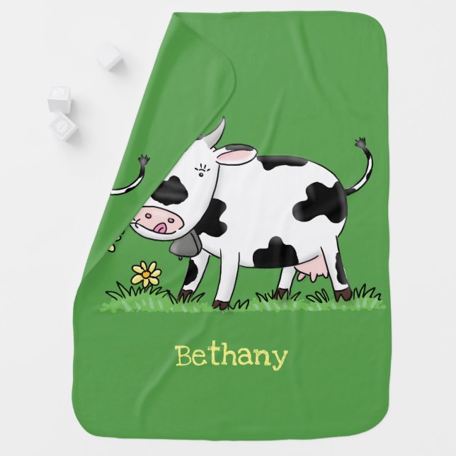 Cute cow in green field cartoon illustration baby blanket (In Situ)