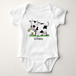 Cute cow in green field cartoon illustration baby bodysuit