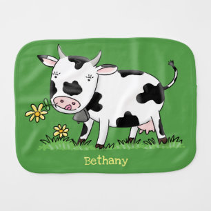 Cute cow in green field cartoon illustration baby burp cloth