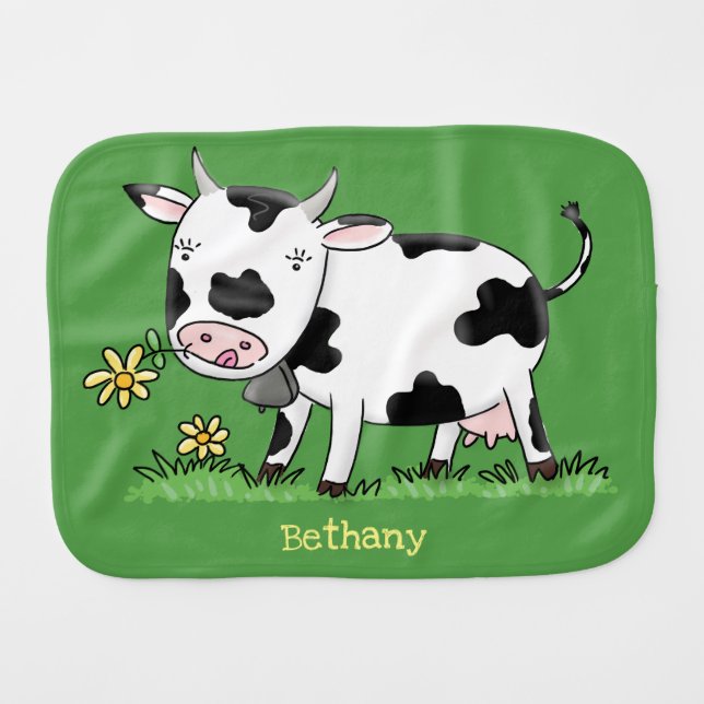 Cute cow in green field cartoon illustration baby burp cloth (Front Horizontal)
