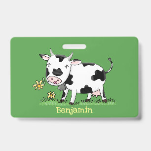 Cute cow in green field cartoon illustration badge