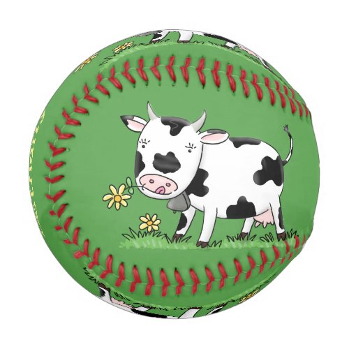 Cute cow in green field cartoon illustration baseball