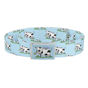 Cute cow in green field cartoon illustration belt