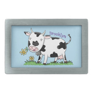 Cute cow in green field cartoon illustration belt buckle