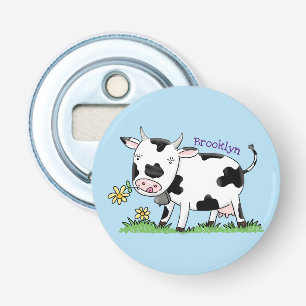Cute cow in green field cartoon illustration bottle opener