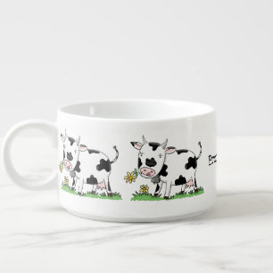 Cute cow in green field cartoon illustration bowl