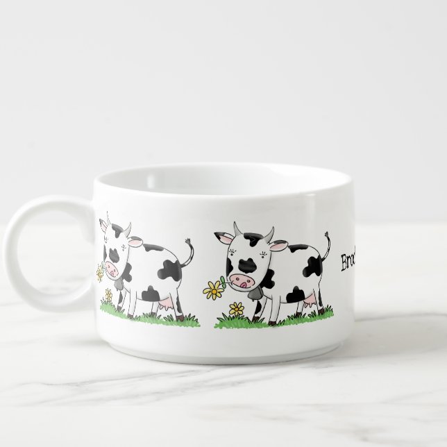 Cute cow in green field cartoon illustration bowl (Right)