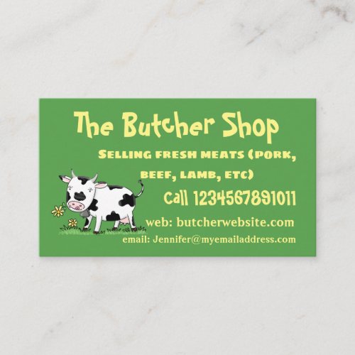 Cute cow in green field cartoon illustration business card