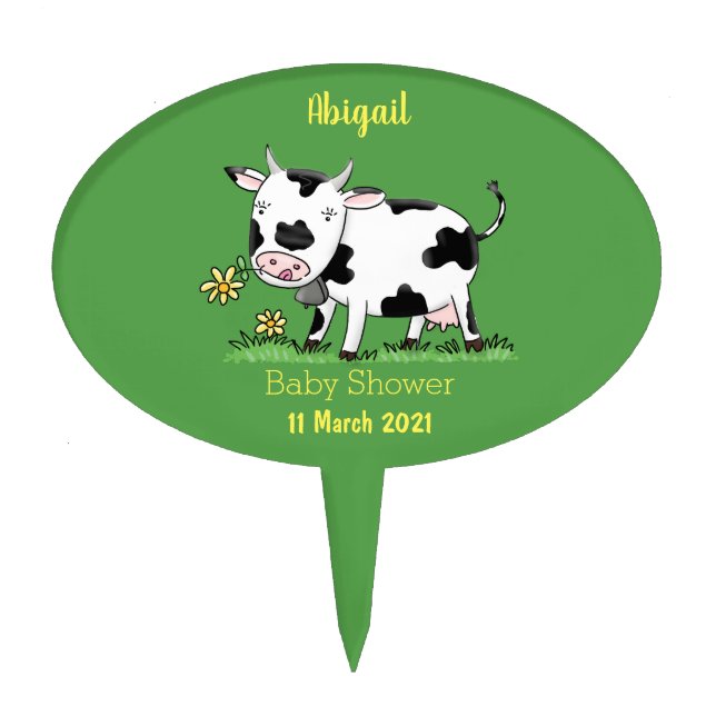 Cute cow in green field cartoon illustration cake topper (Front)