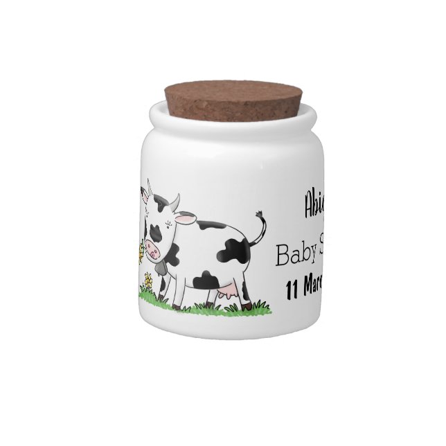 Cute cow in green field cartoon illustration candy jar (Left)