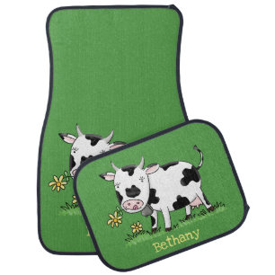 Cute cow in green field cartoon illustration car floor mat