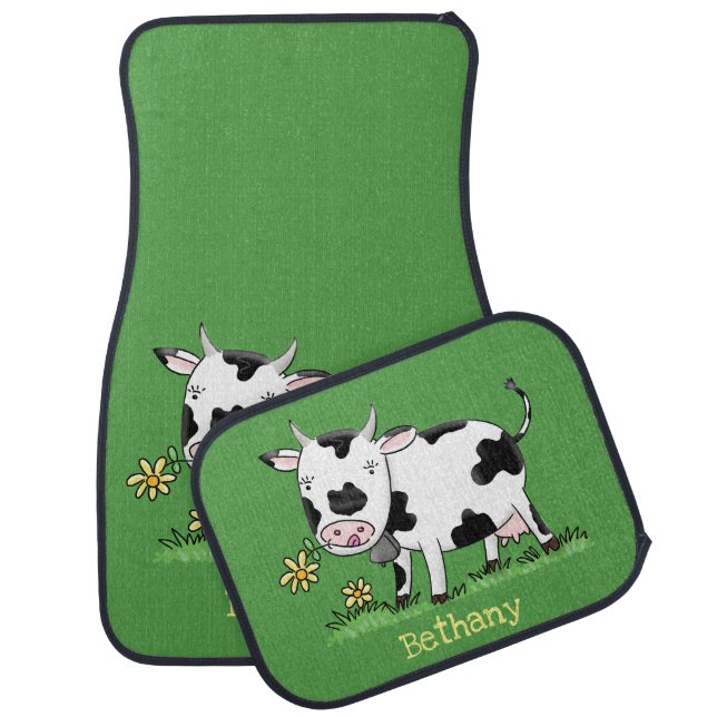 Cute cow in green field cartoon illustration car floor mat (Set)