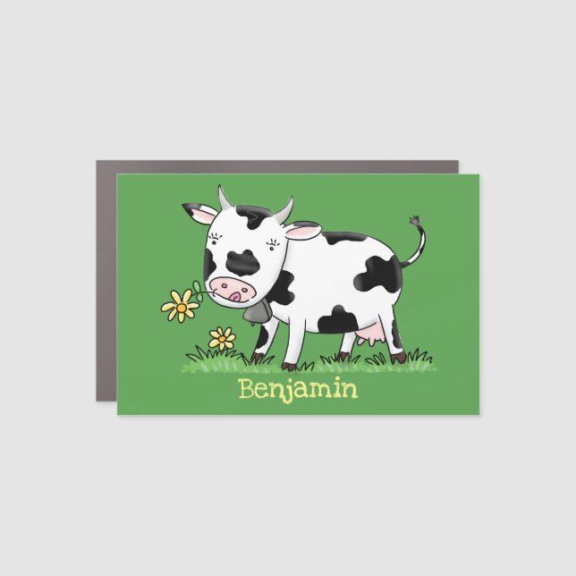 Cute cow in green field cartoon illustration car magnet (Front)