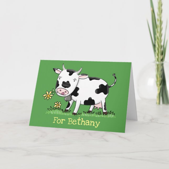 Cute cow in green field cartoon illustration card (Front)