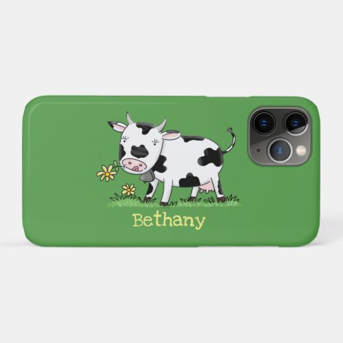 Cute cow in green field cartoon illustration iPhone 11 pro case