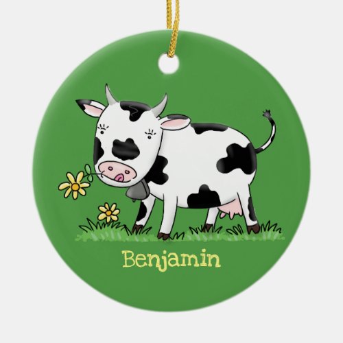 Cute cow in green field cartoon illustration ceramic ornament