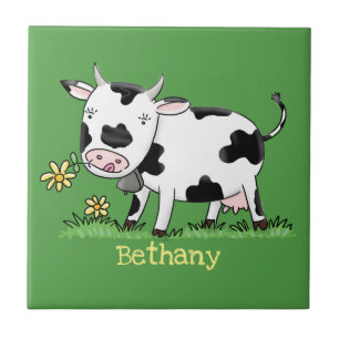 Cute cow in green field cartoon illustration ceramic tile
