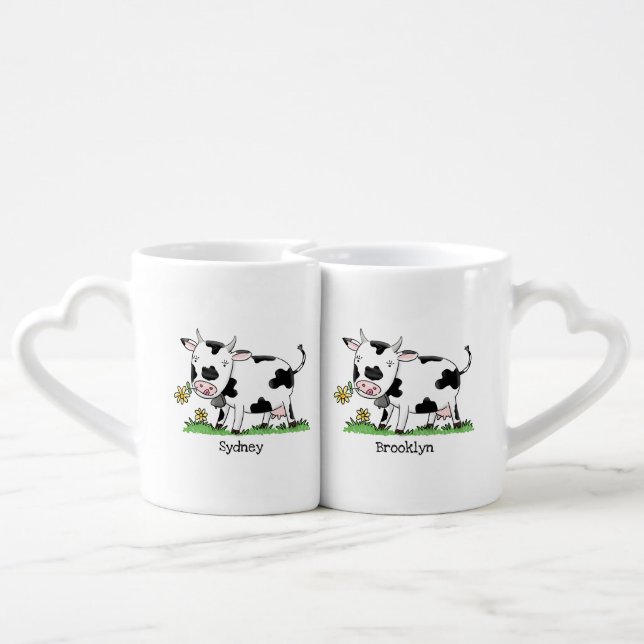 Cute cow in green field cartoon illustration coffee mug set (Back Nesting)