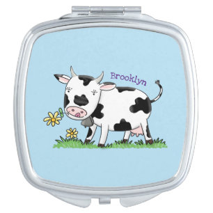 Cute cow in green field cartoon illustration compact mirror