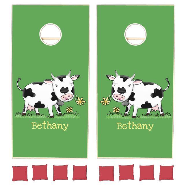 Cute cow in green field cartoon illustration cornhole set (Set)