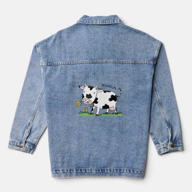 Cute cow in green field cartoon illustration denim jacket (Back)