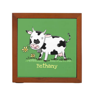 Cute cow in green field cartoon illustration desk organizer