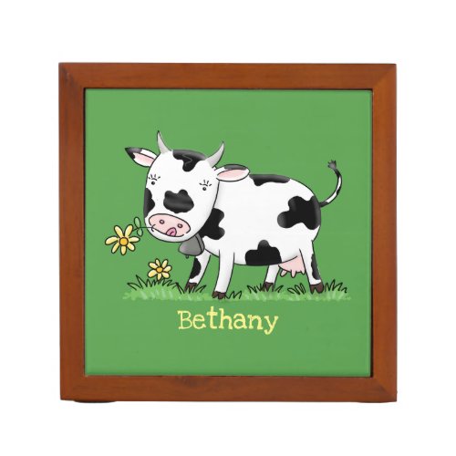 Cute cow in green field cartoon illustration desk organizer