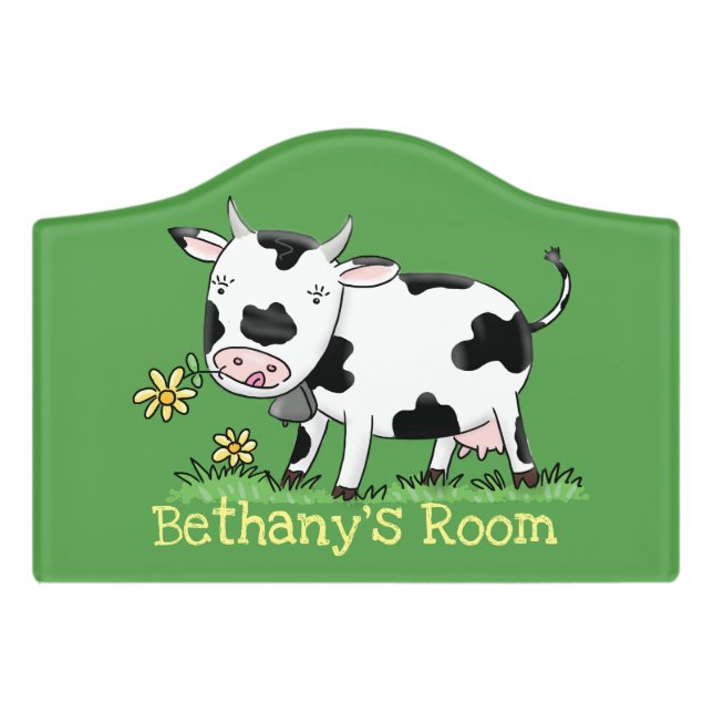 Cute cow in green field cartoon illustration door sign (Small Crest Front)
