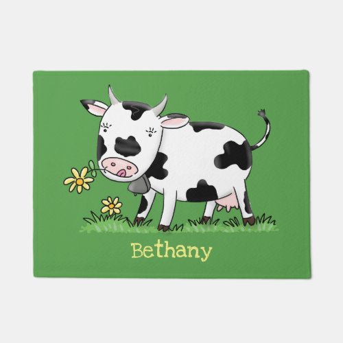 Cute cow in green field cartoon illustration doormat