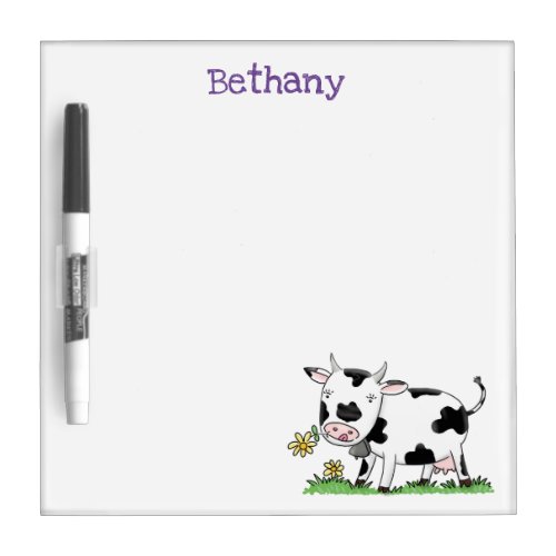 Cute cow in green field cartoon illustration dry erase board