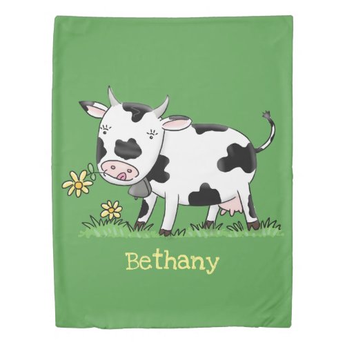 Cute cow in green field cartoon illustration duvet cover