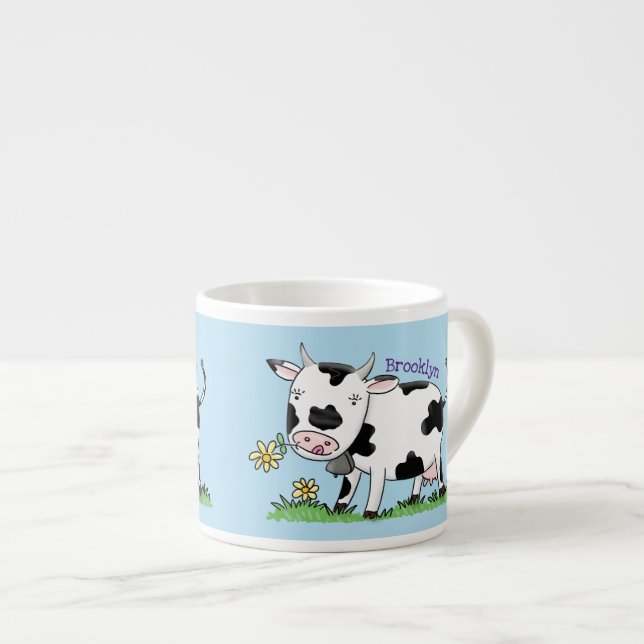 Cute cow in green field cartoon illustration espresso cup (Front Right)