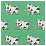 Cute cow in green field cartoon illustration fabric