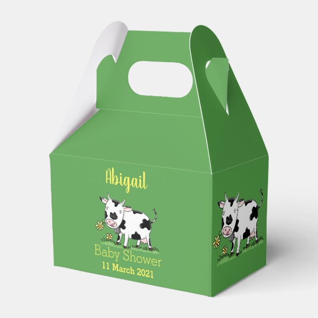 Cute cow in green field cartoon illustration favor boxes (Front Side)