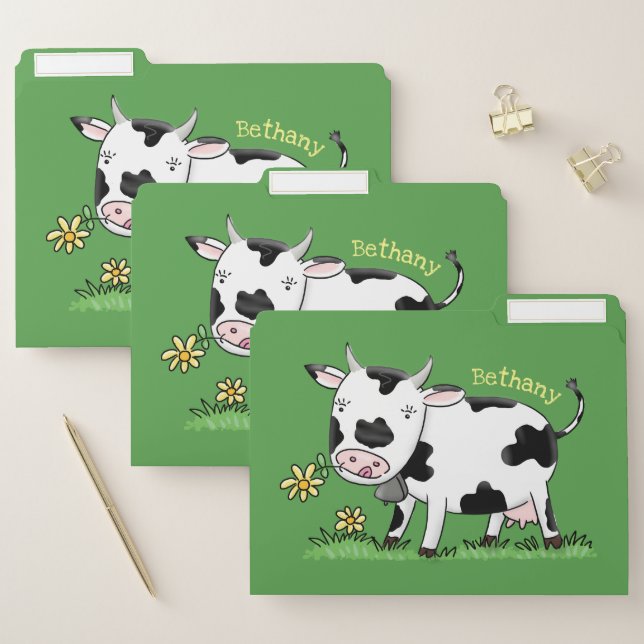 Cute cow in green field cartoon illustration file folder (Set)