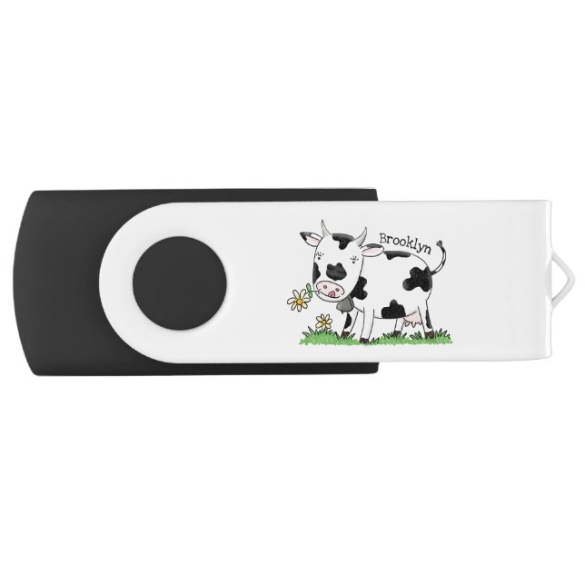 Cute cow in green field cartoon illustration flash drive (Front)