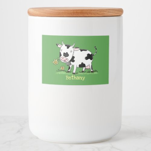 Cute cow in green field cartoon illustration food label