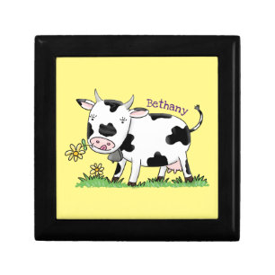 Cute cow in green field cartoon illustration gift box