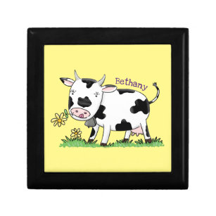 Cute cow in green field cartoon illustration gift box