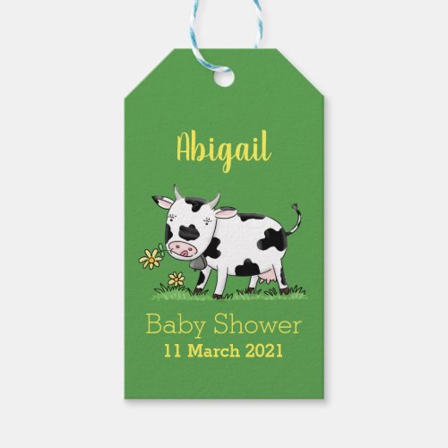 Cute cow in green field cartoon illustration gift tags