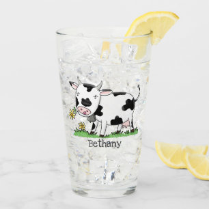Cute cow in green field cartoon illustration glass