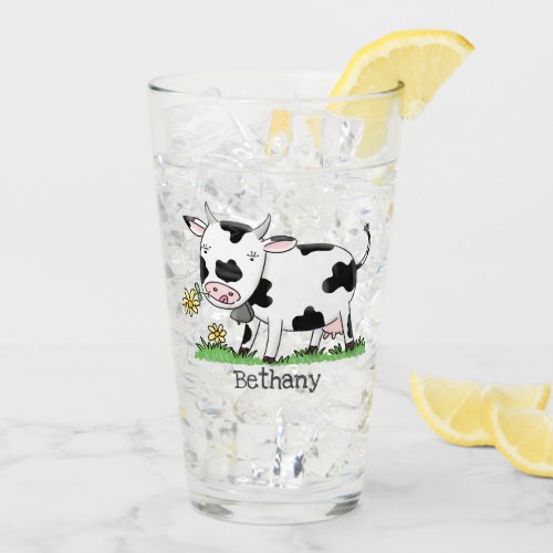 Cute cow in green field cartoon illustration glass