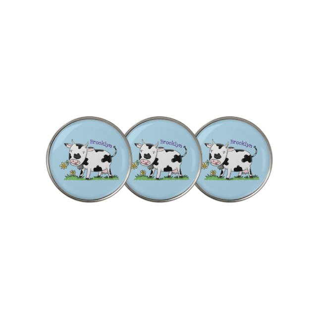 Cute cow in green field cartoon illustration golf ball marker (3 Up)