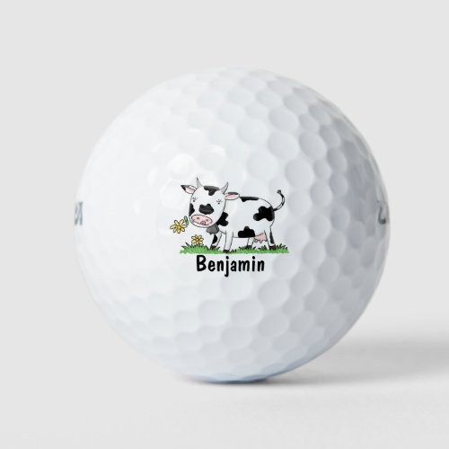 Cute cow in green field cartoon illustration golf balls