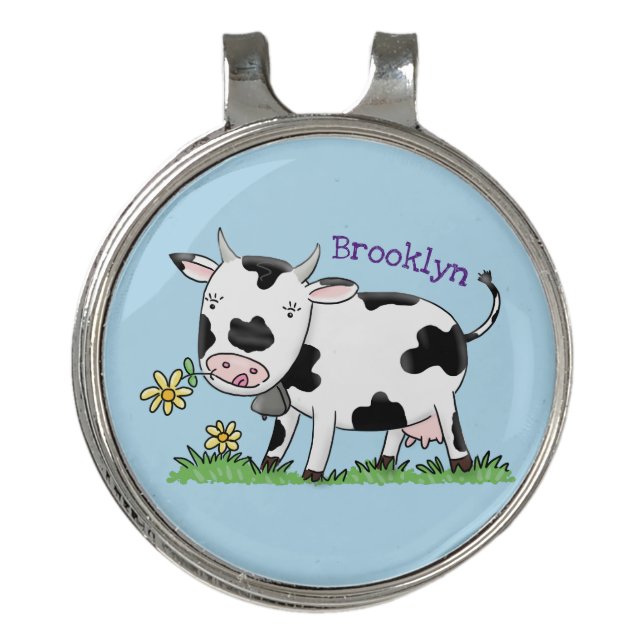 Cute cow in green field cartoon illustration golf hat clip (Front)