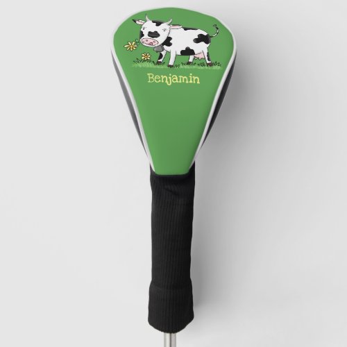 Cute cow in green field cartoon illustration golf head cover