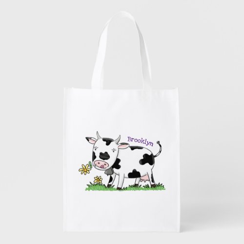 Cute cow in green field cartoon illustration grocery bag