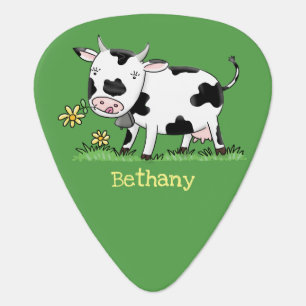 Cute cow in green field cartoon illustration  guitar pick