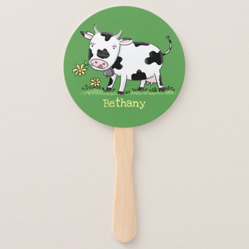 Cute cow in green field cartoon illustration hand fan